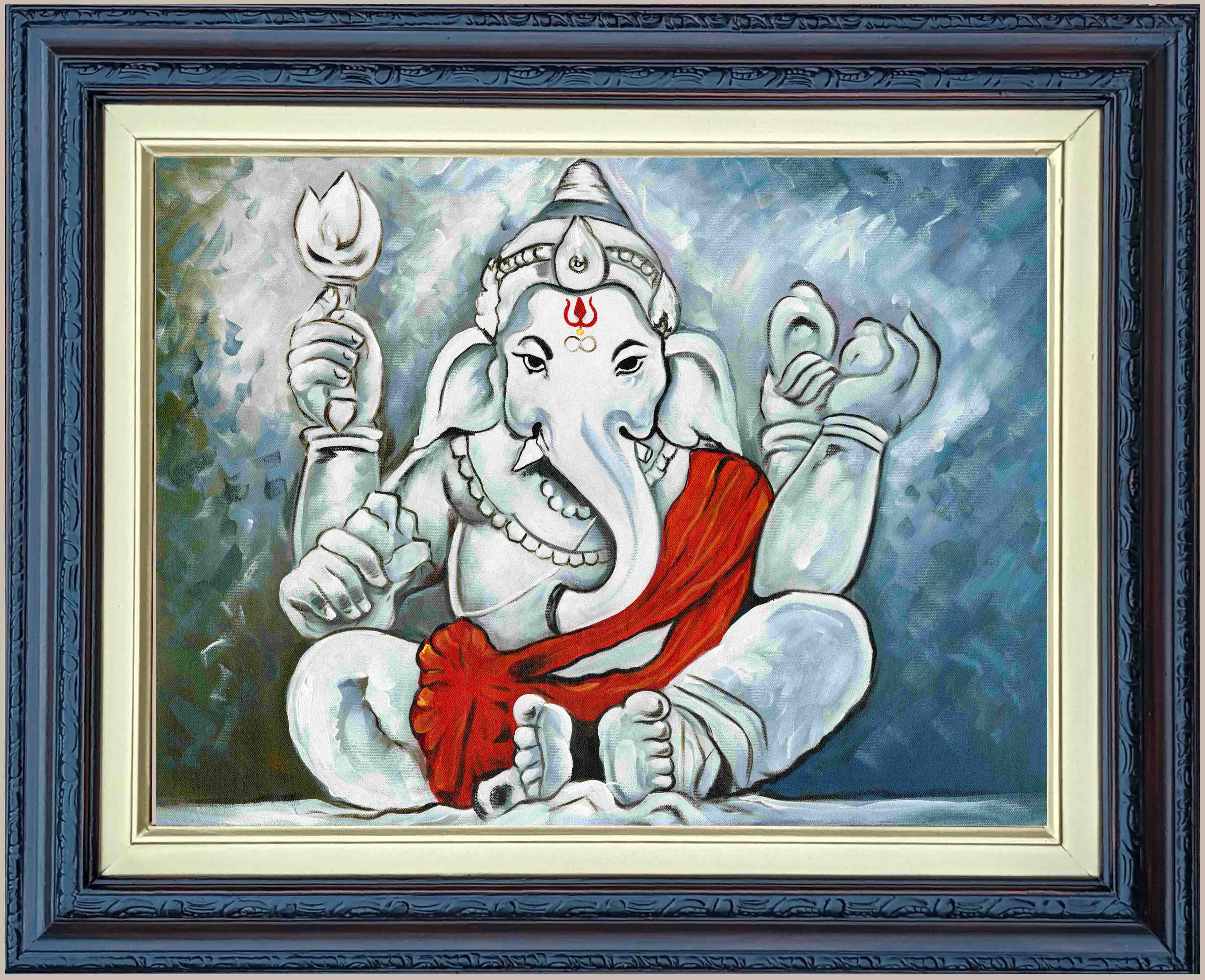 Lord Ganesha Abstract Painting in Authentic Wood Frame