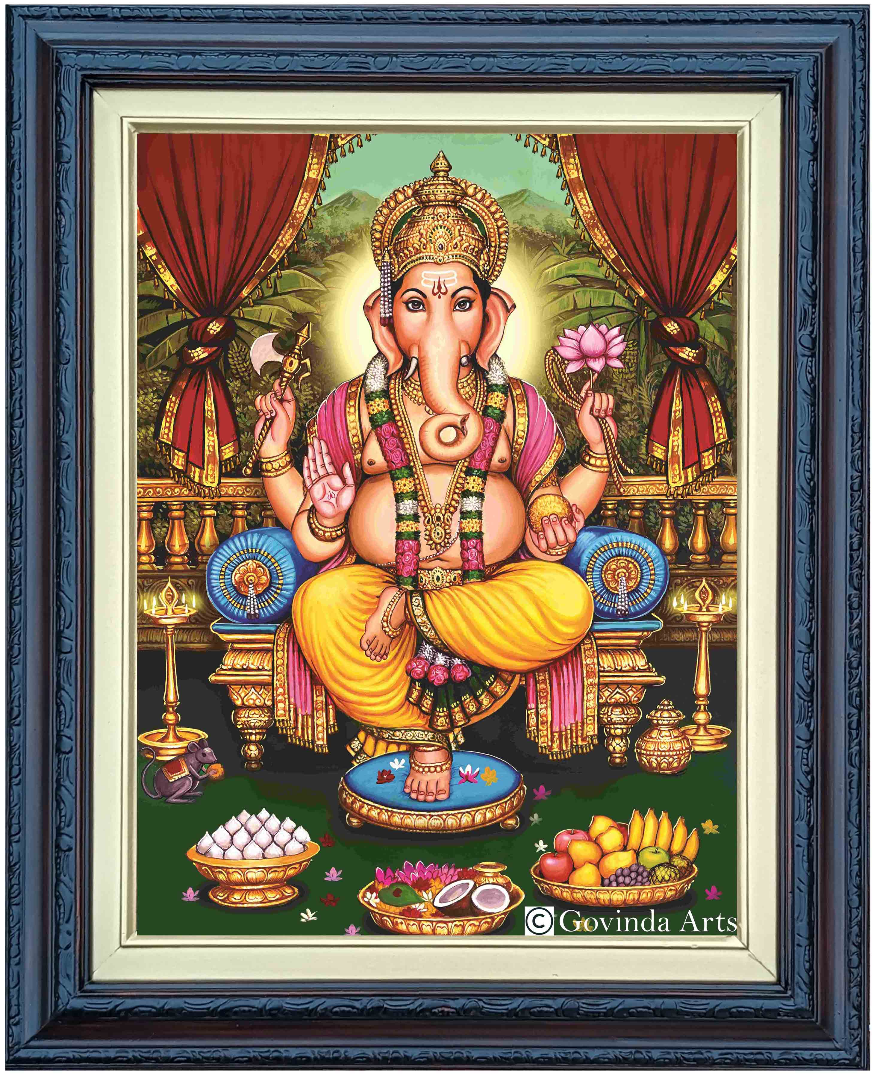 Lord Ganesha Traditional Painting in Authentic Wood Frame