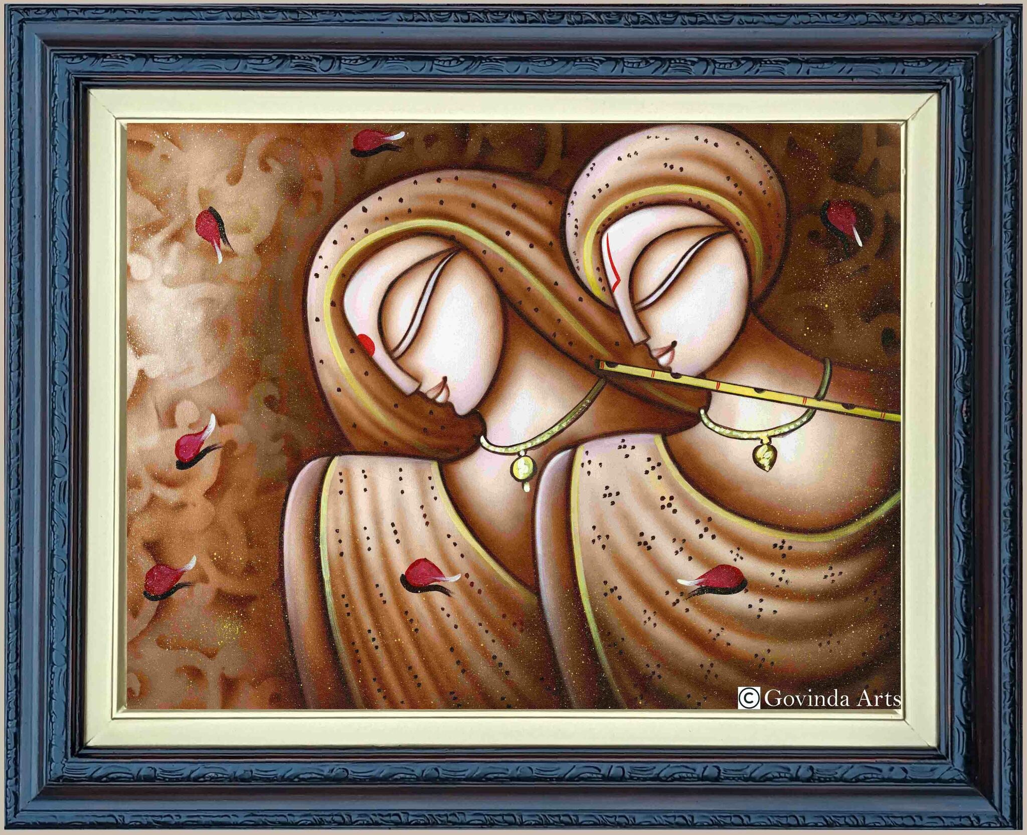 Radha Krsna in Rose Petals Painting in Authentic Wood Frame