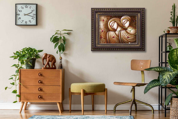 Radha Krsna in Rose Petals Painting in Authentic Wood Frame