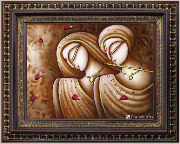 Radha Krsna in Rose Petals Painting in Authentic Wood Frame