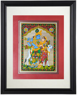 The Divine Radha Krsna Three fold bending form Painting on Palm leaf