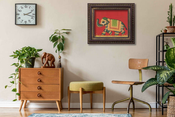Elegant Eleghant Pichwai Style in Authentic Wood Frame (Left Facing)
