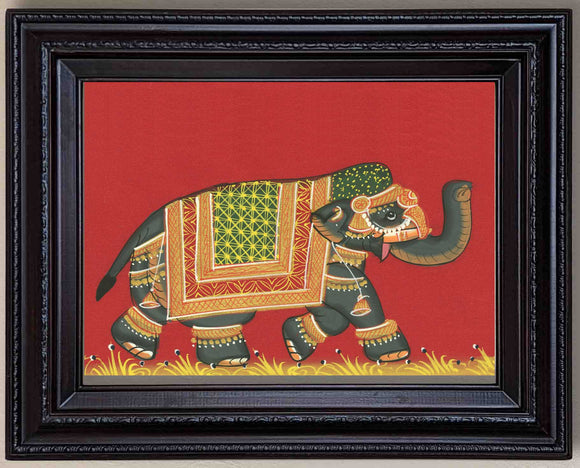 Elegant Eleghant Pichwai Style in Authentic Wood Frame (Right Facing)