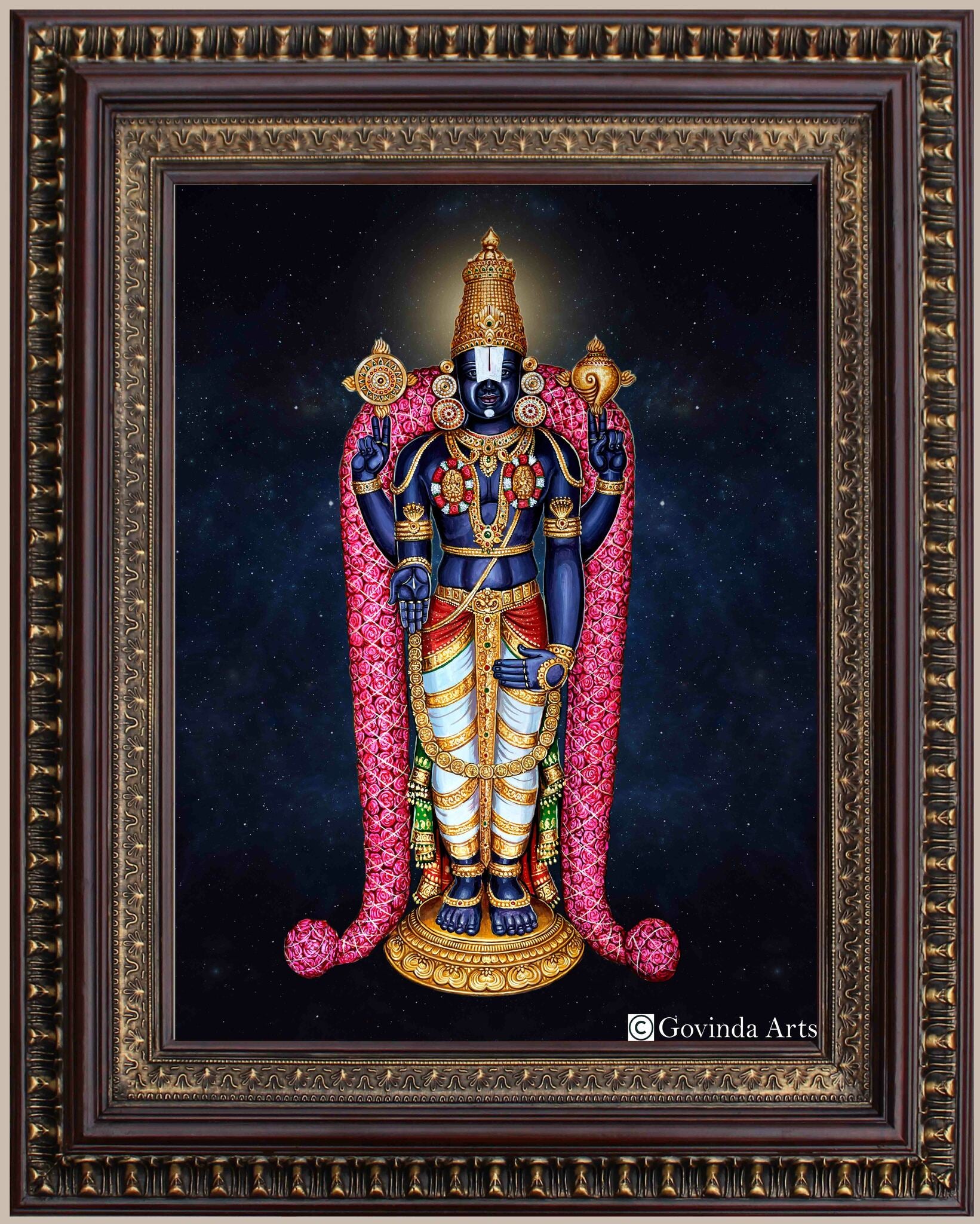 Lord Balaji with Rose garland Golden Painting in Authentic Wood Frame