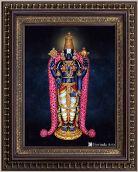 Lord Balaji with Rose Garland Golden Painting in Authentic Wood Frame