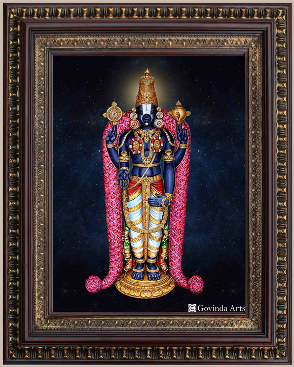 Lord Balaji with Rose Garland Golden Painting in Authentic Wood Frame