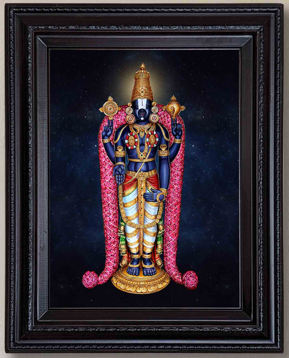 Lord Balaji with Rose Garland Golden Painting in Authentic Wood Frame