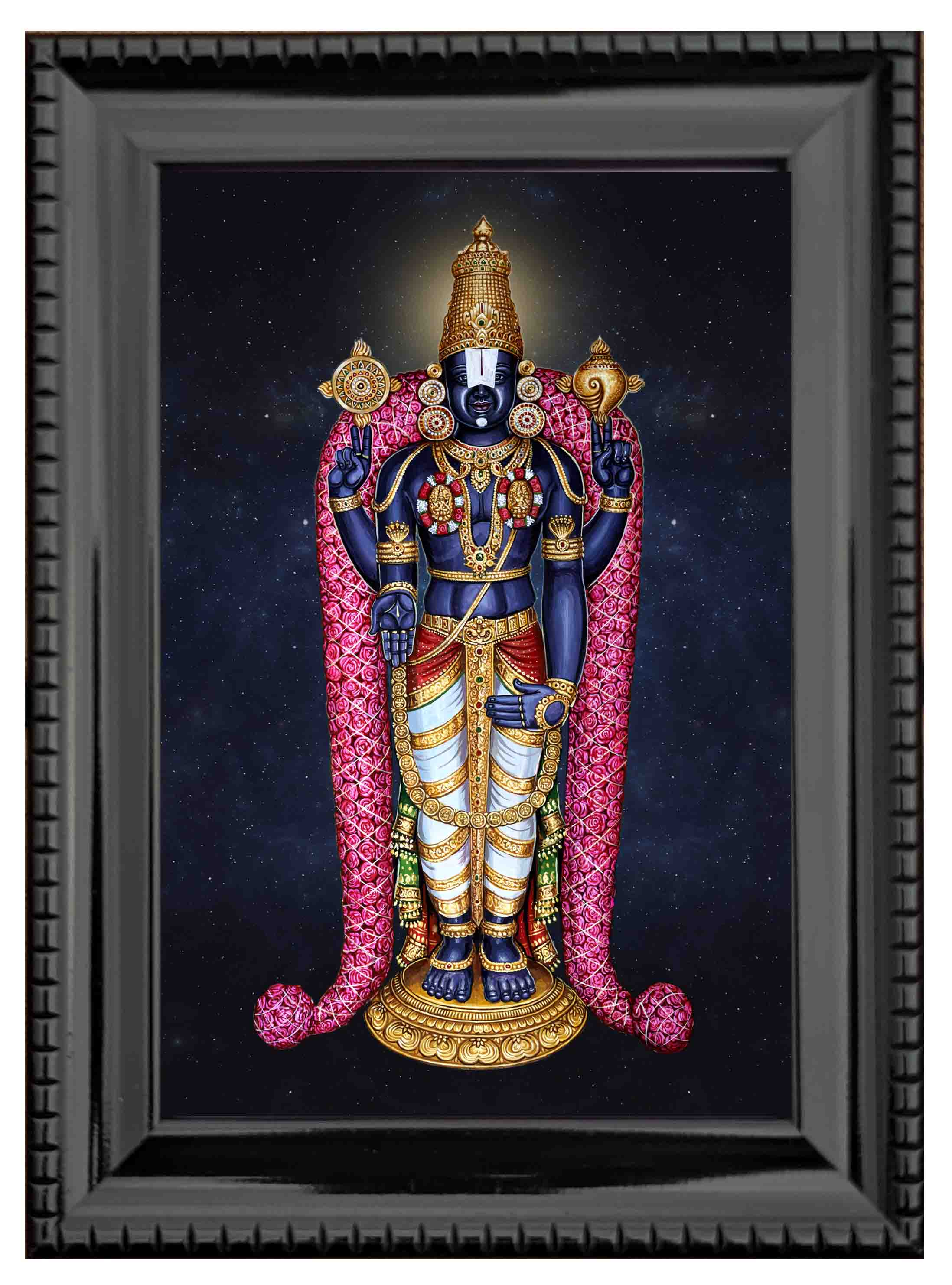 Lord Balaji with Rose garland Golden Painting in Authentic Wood Frame