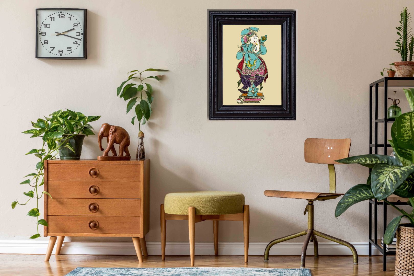 Dancing Ganesha Painting in Authentic Wood Frame