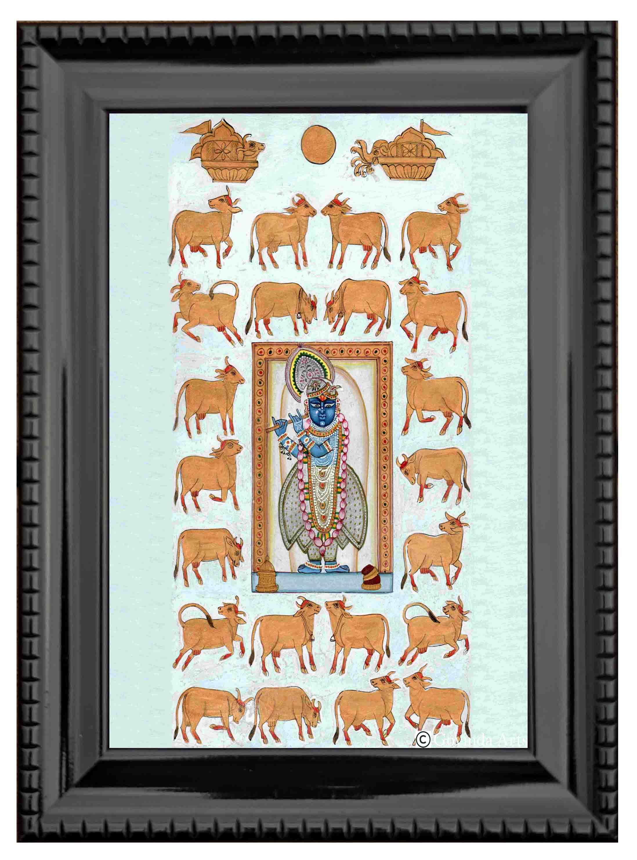 Lord Sreenathji with Cows Pichwai Style Painting in Authentic Wood Frame