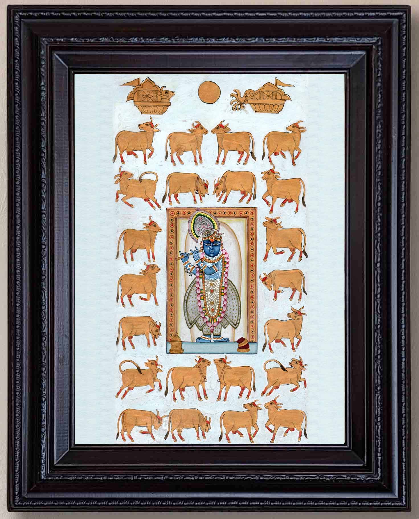 Lord Sreenathji with Cows Pichwai Style Painting in Authentic Wood Frame