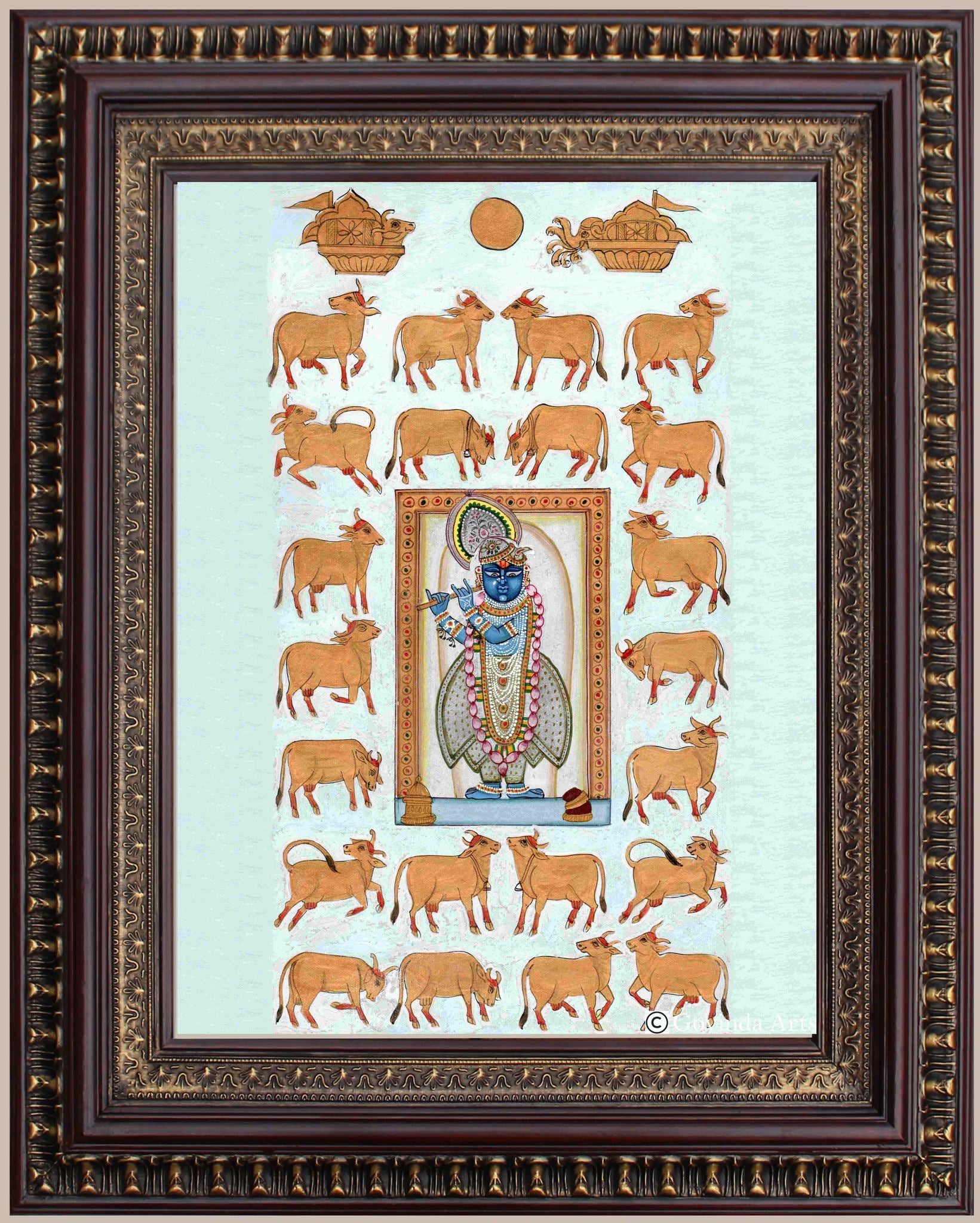 Lord Sreenathji with Cows Pichwai Style Painting in Authentic Wood Frame