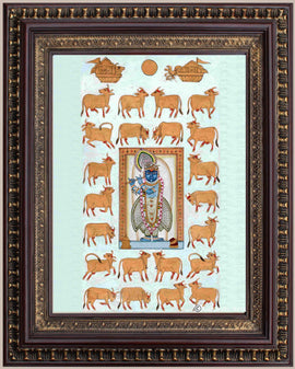 Lord Sreenathji with Cows Pichwai Style Painting in Authentic Wood Frame