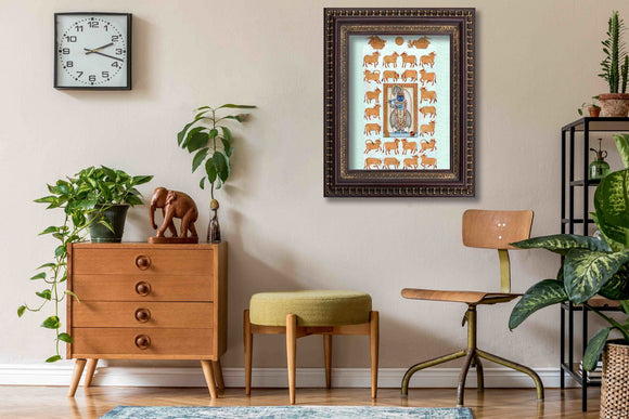 Lord Sreenathji with Cows Pichwai Style Painting in Authentic Wood Frame