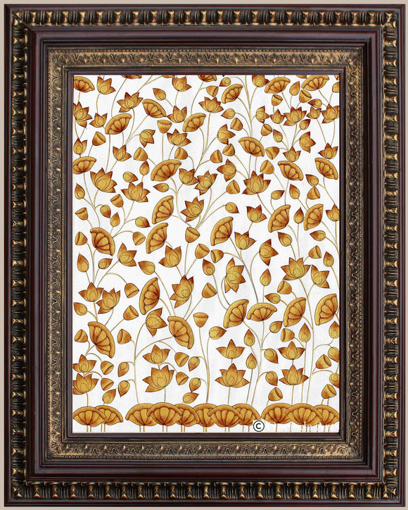 Lotus Flower Pichwai Painting White color Background in Authentic Wood Frame