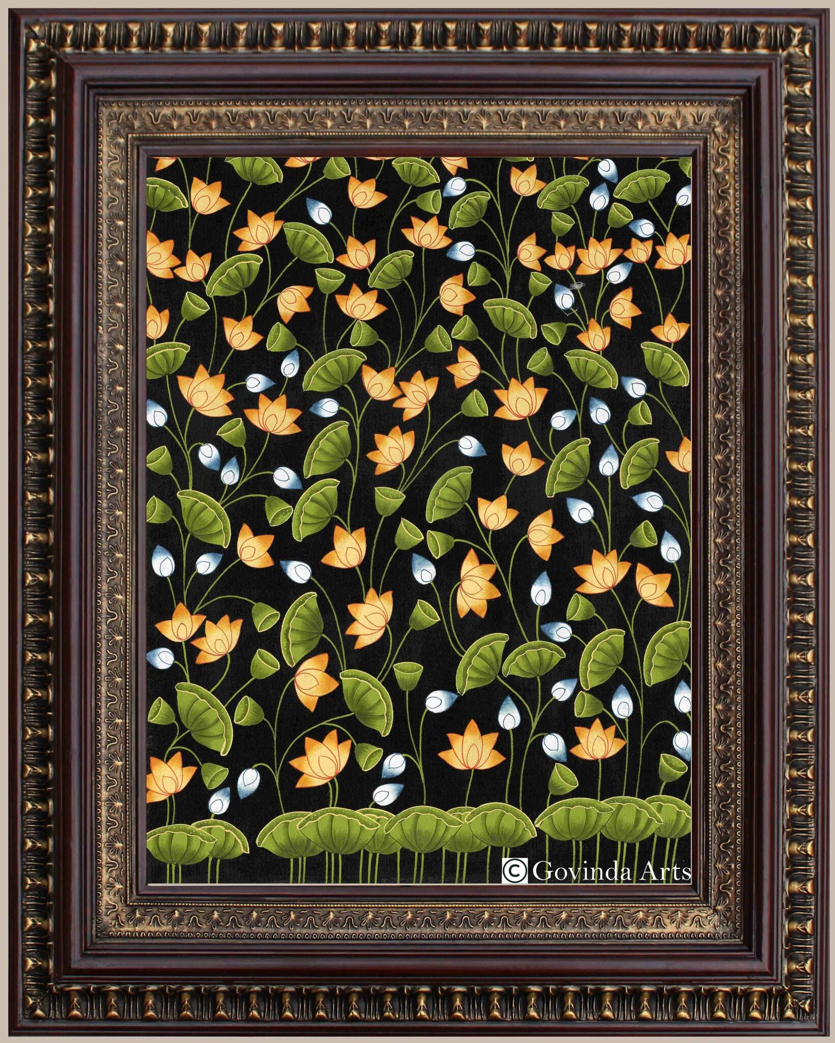 Lotus Flower Pichwai Painting Black color Background in Authentic Wood Frame