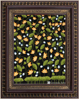 Lotus Flower Pichwai Painting Black color Background in Authentic Wood Frame