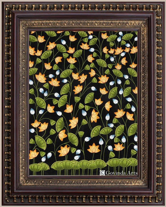 Lotus Flower Pichwai Painting Black color Background in Authentic Wood Frame