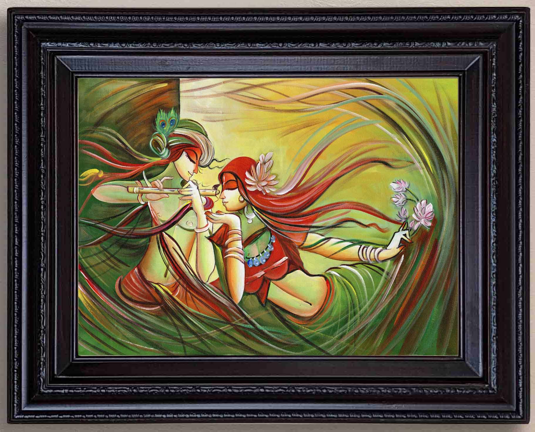 Radha Krsna in whirlwind Painting in Authentic Wood Frame