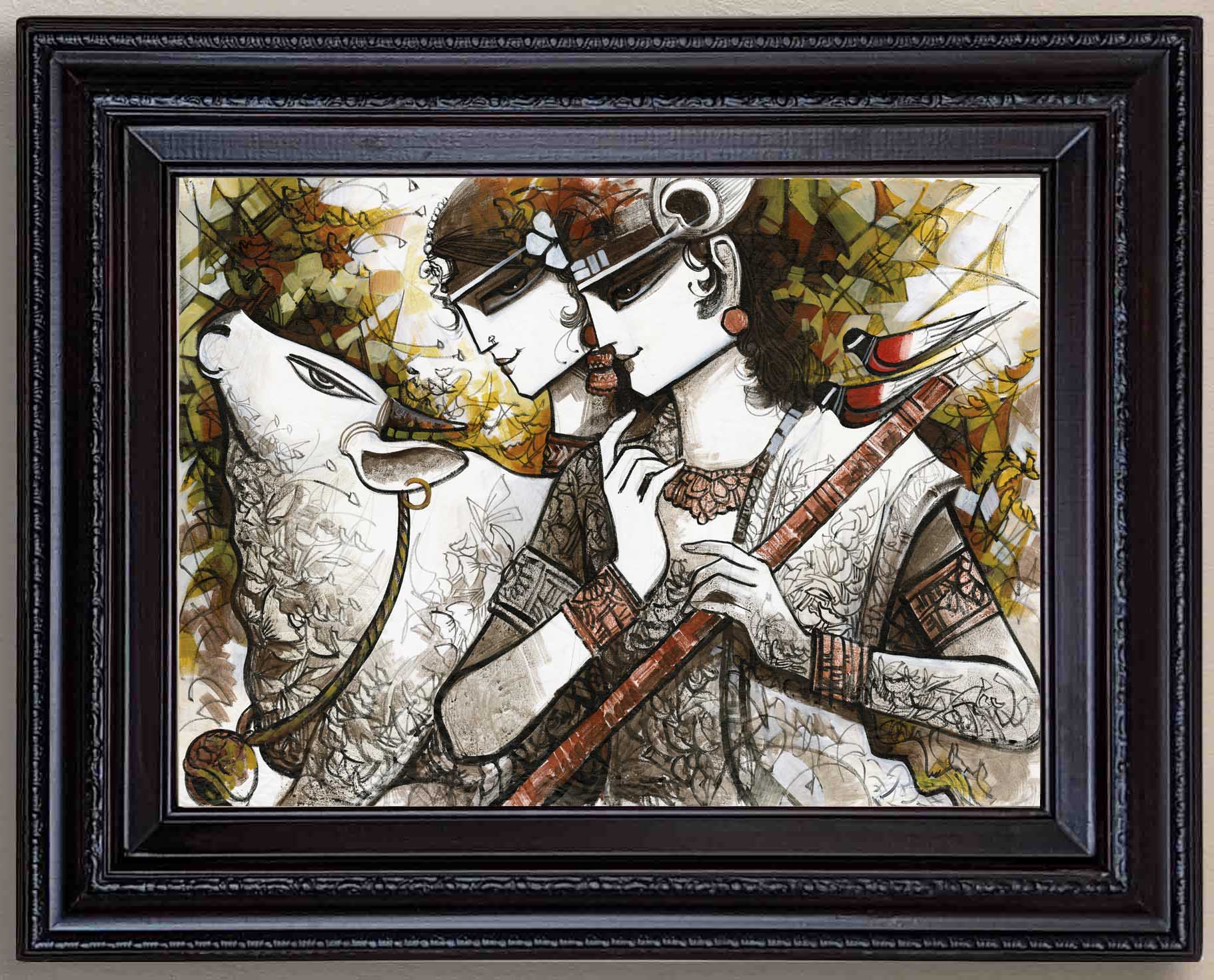 Radha Krishna with Cow Modern Painting in Authentic Wood Frame