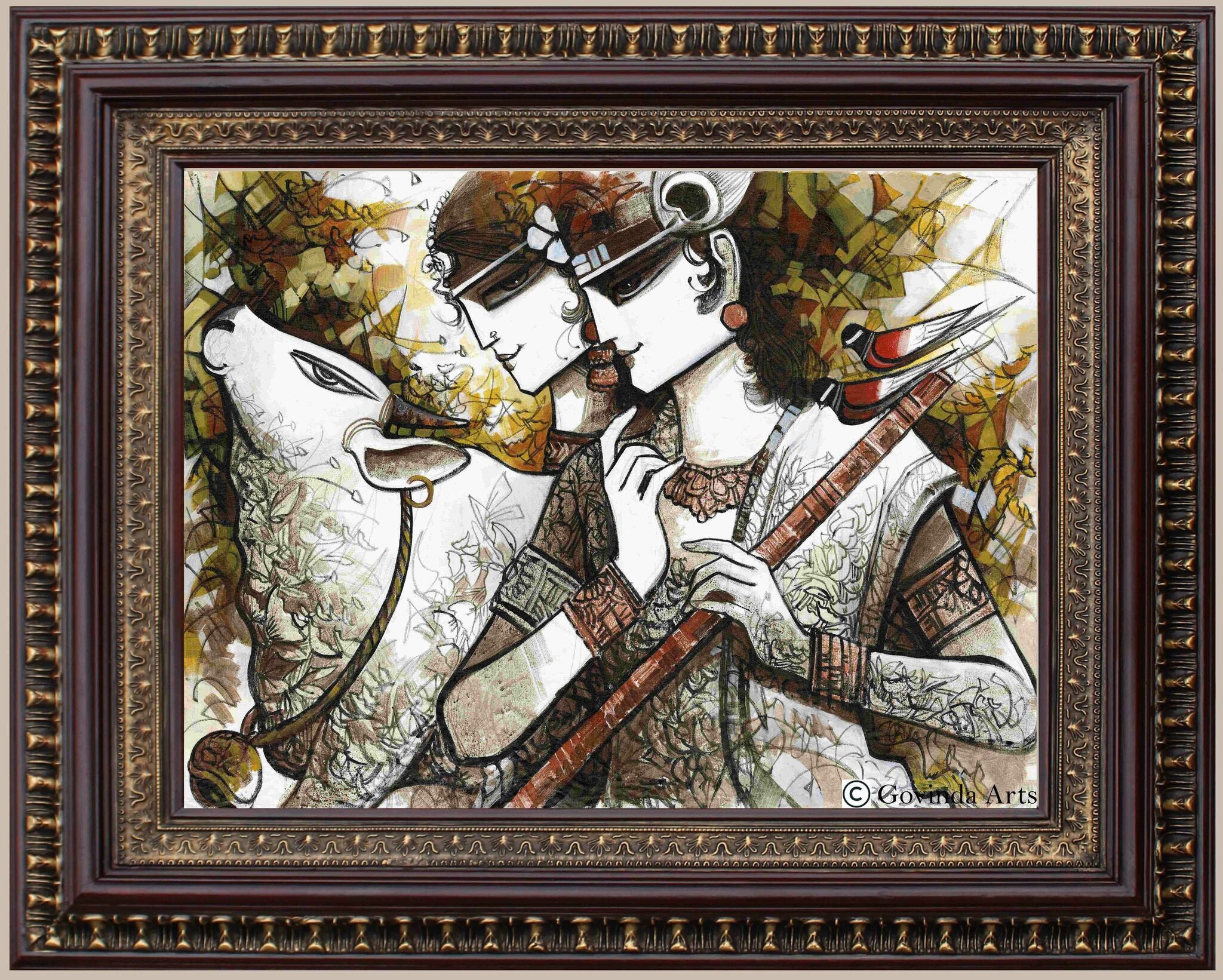 Radha Krishna with Cow Modern Painting in Authentic Wood Frame