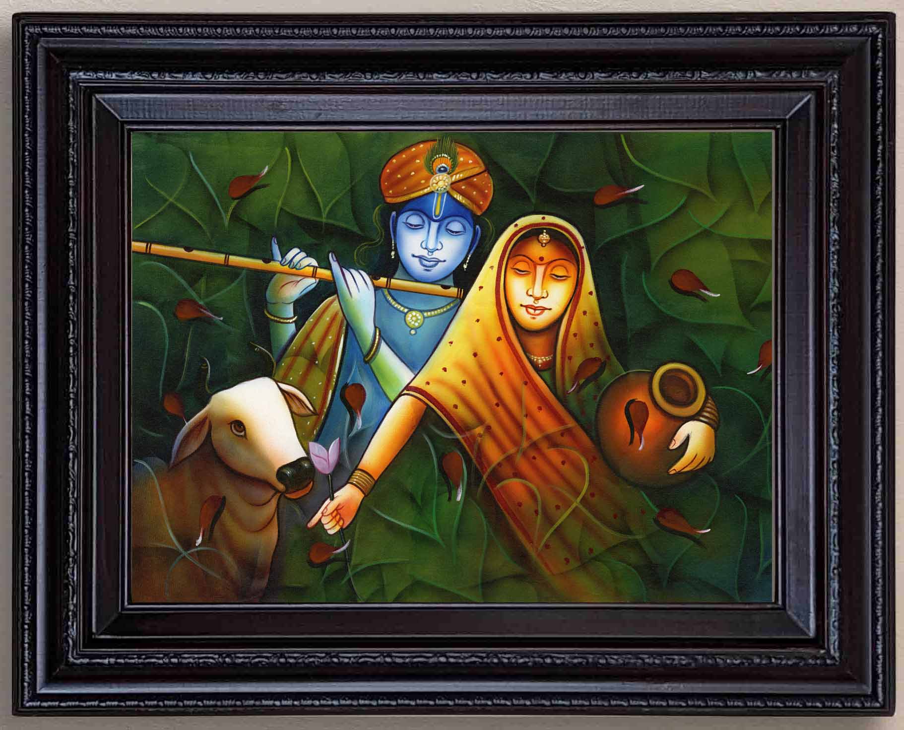 Radha Krishna with Cow Village Style Painting in Authentic Wood Frame