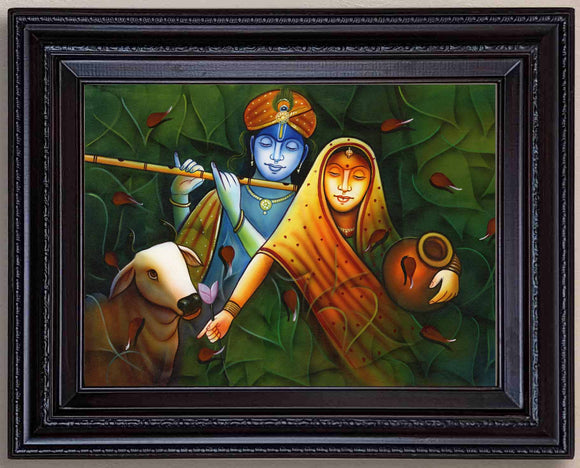 Radha Krishna with Cow Village Style Painting in Authentic Wood Frame