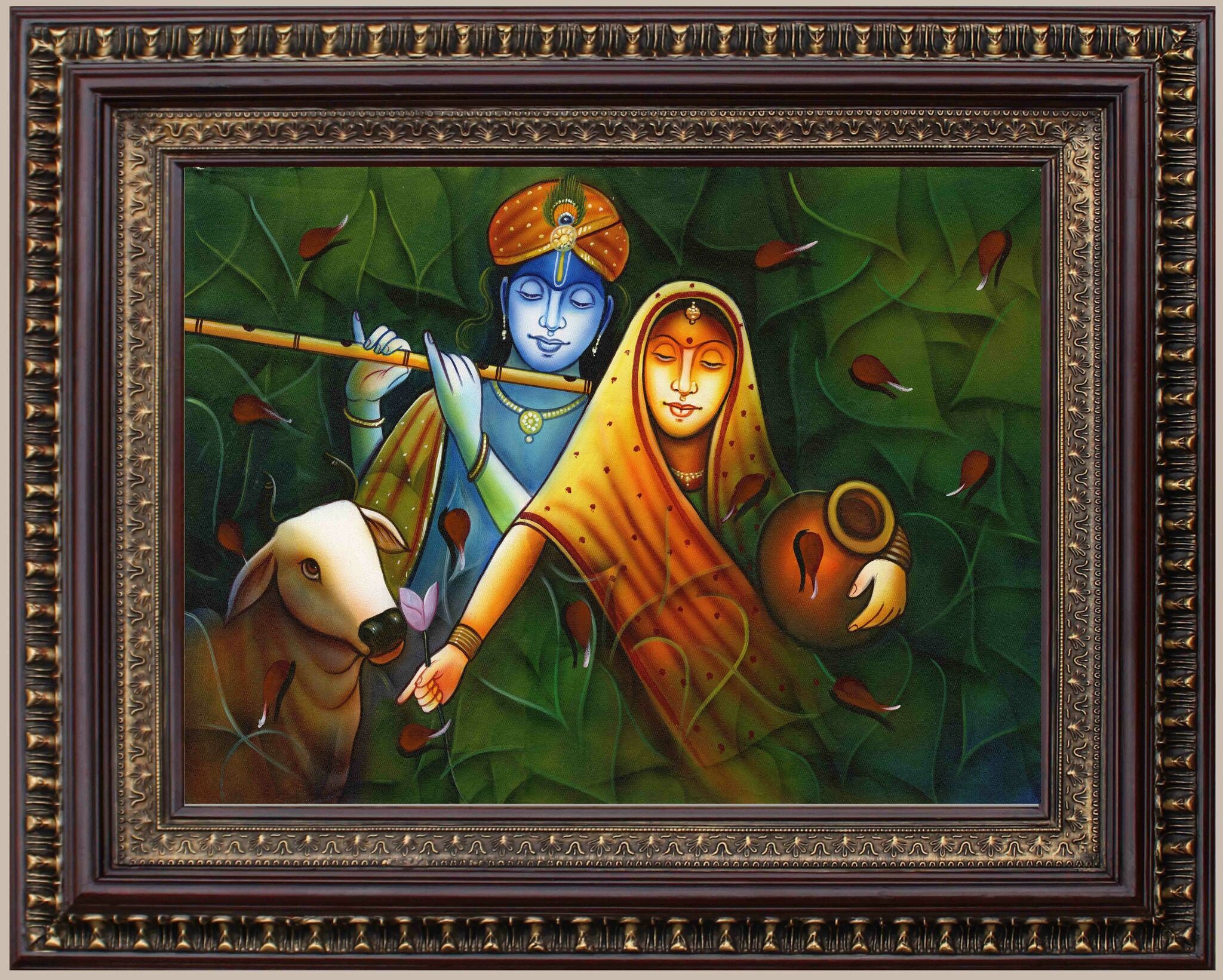 Radha Krishna with Cow Village Style Painting in Authentic Wood Frame