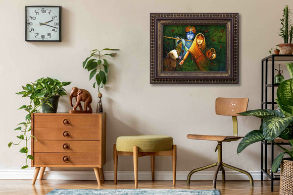 Radha Krishna with Cow Village Style Painting in Authentic Wood Frame
