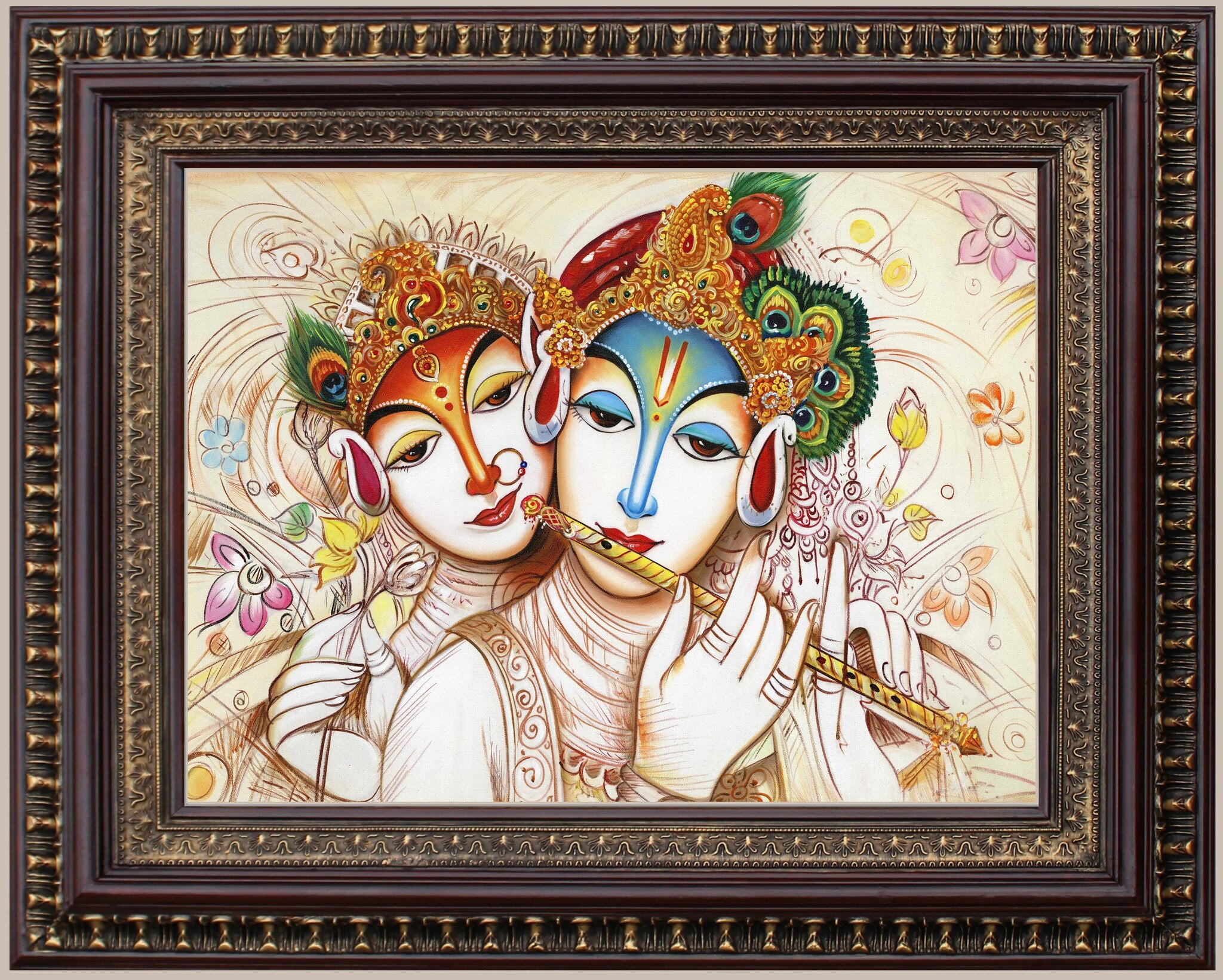 Radha Krishna in Cream Background Painting in Authentic Wood Frame