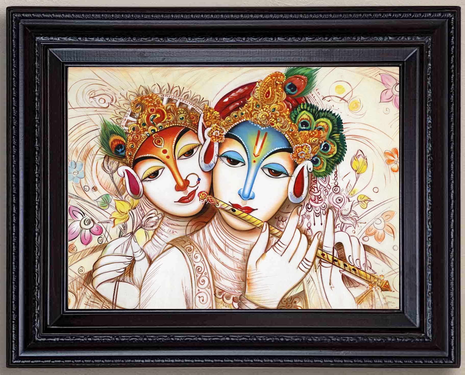 Radha Krishna in Cream Background Painting in Authentic Wood Frame