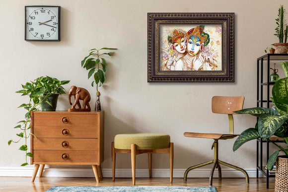 Radha Krishna in Cream Background Painting in Authentic Wood Frame