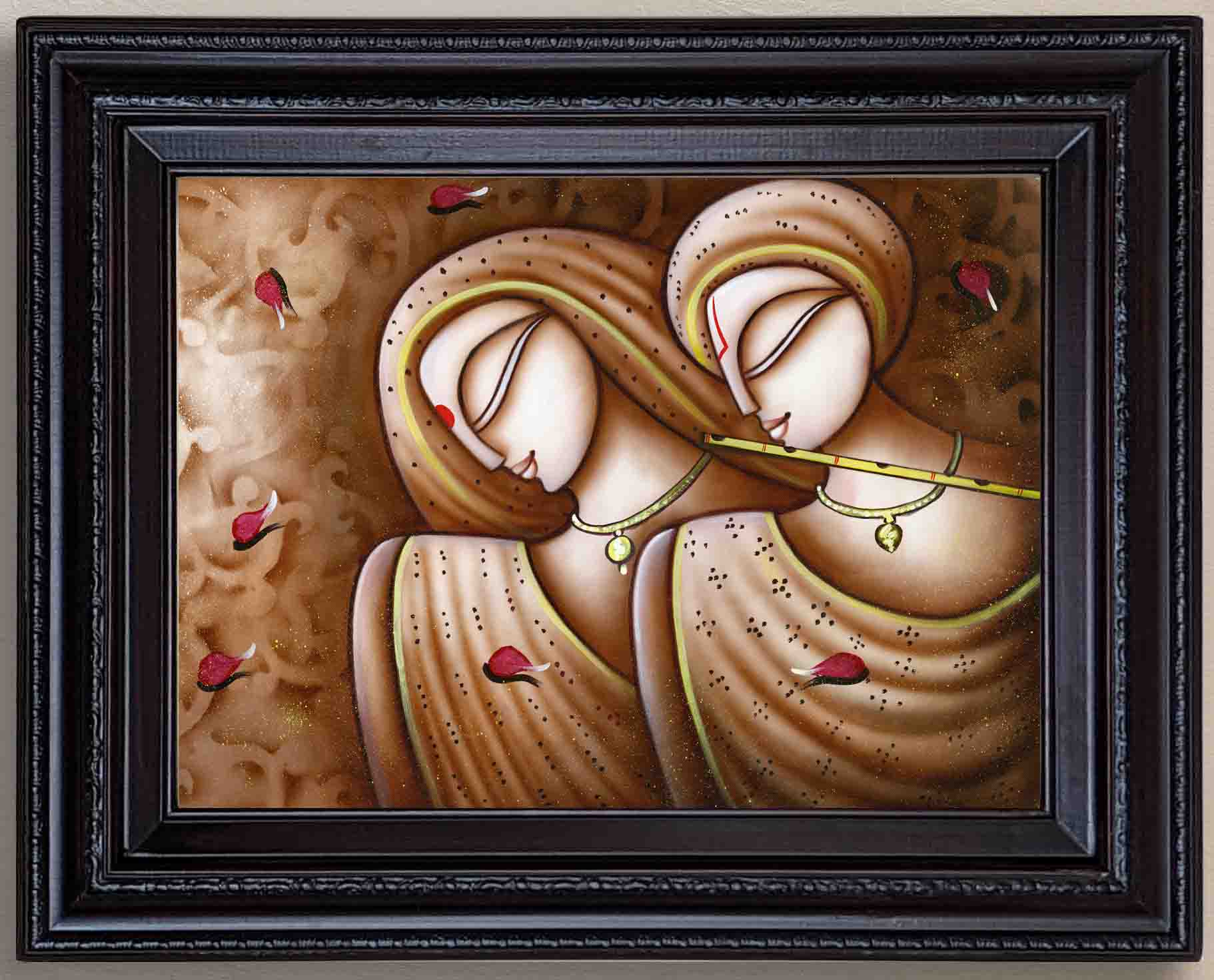 Radha Krsna in Rose Petals Painting in Authentic Wood Frame