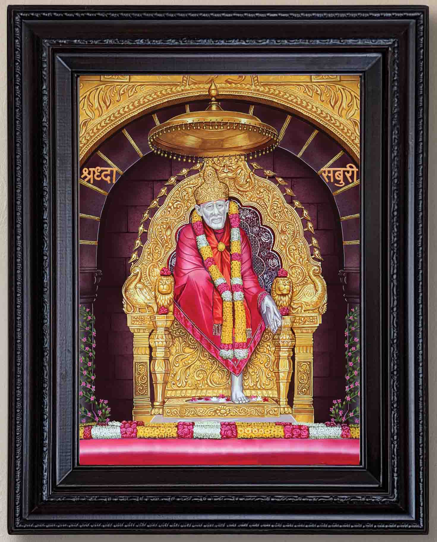 Shiridi Sai Baba Temple Style Painting in Authentic Wood Frame