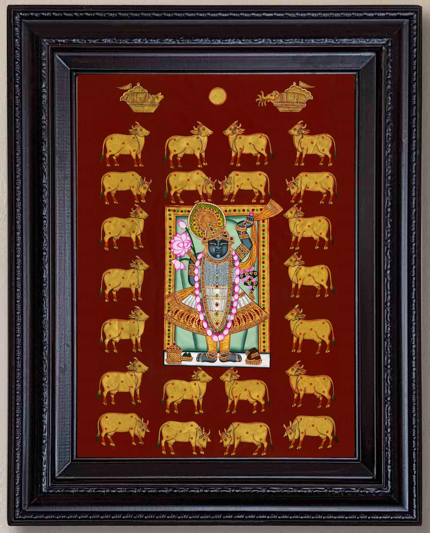 Lord Sreenathji with Cows and Pearls Pichwai Style Painting in Authentic Wood Frame