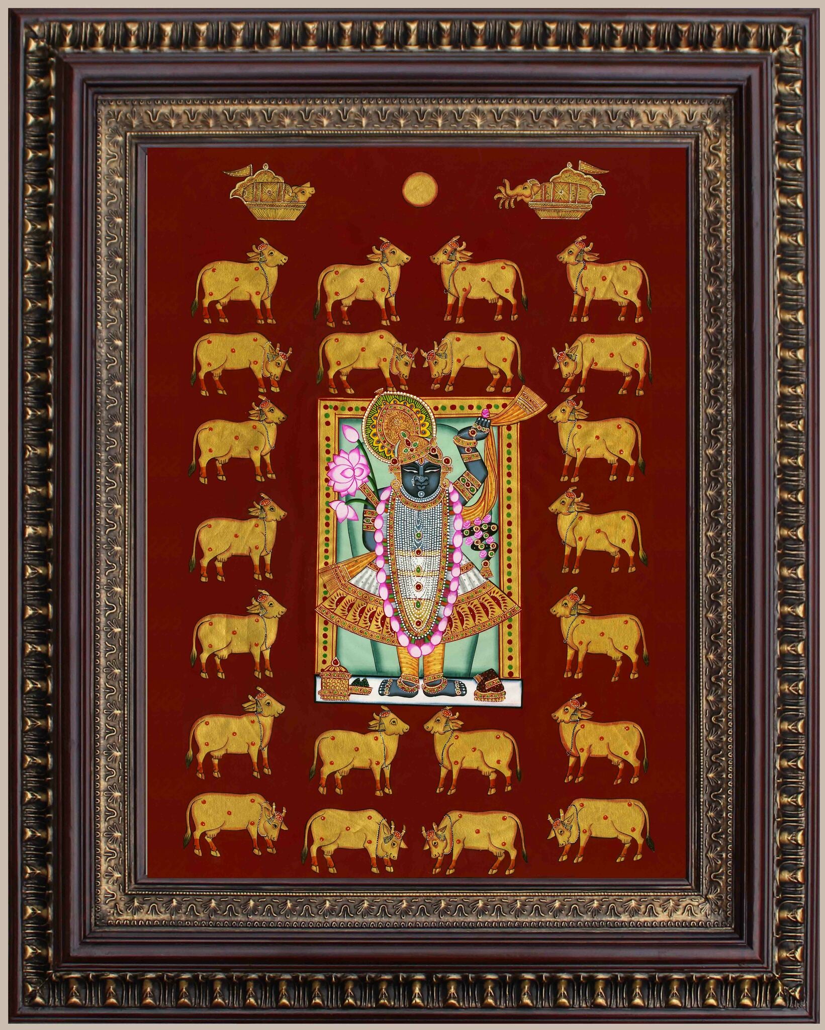 Lord Sreenathji with Cows and Pearls Pichwai Style Painting in Authentic Wood Frame