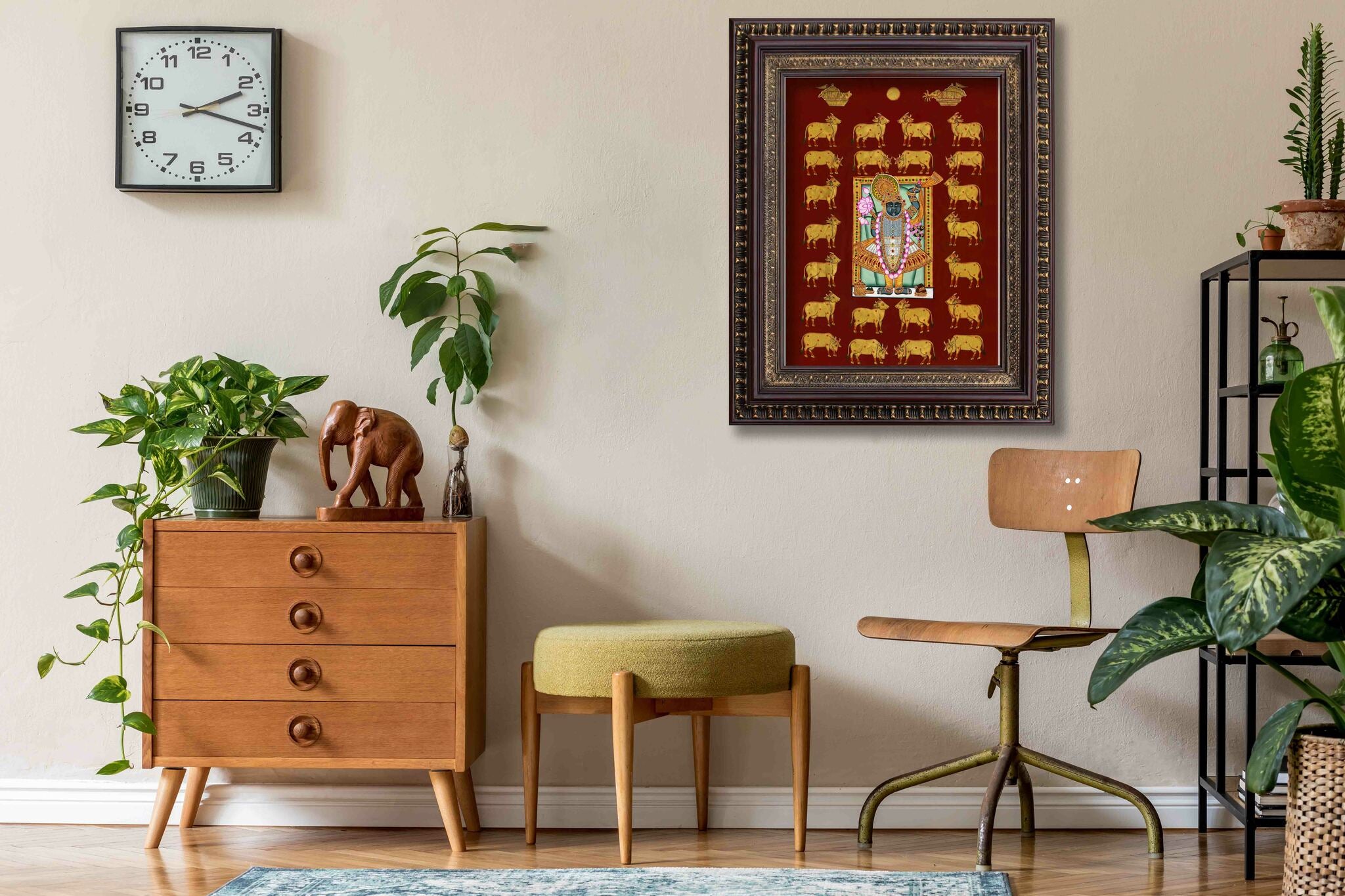 Lord Sreenathji with Cows and Pearls Pichwai Style Painting in Authentic Wood Frame