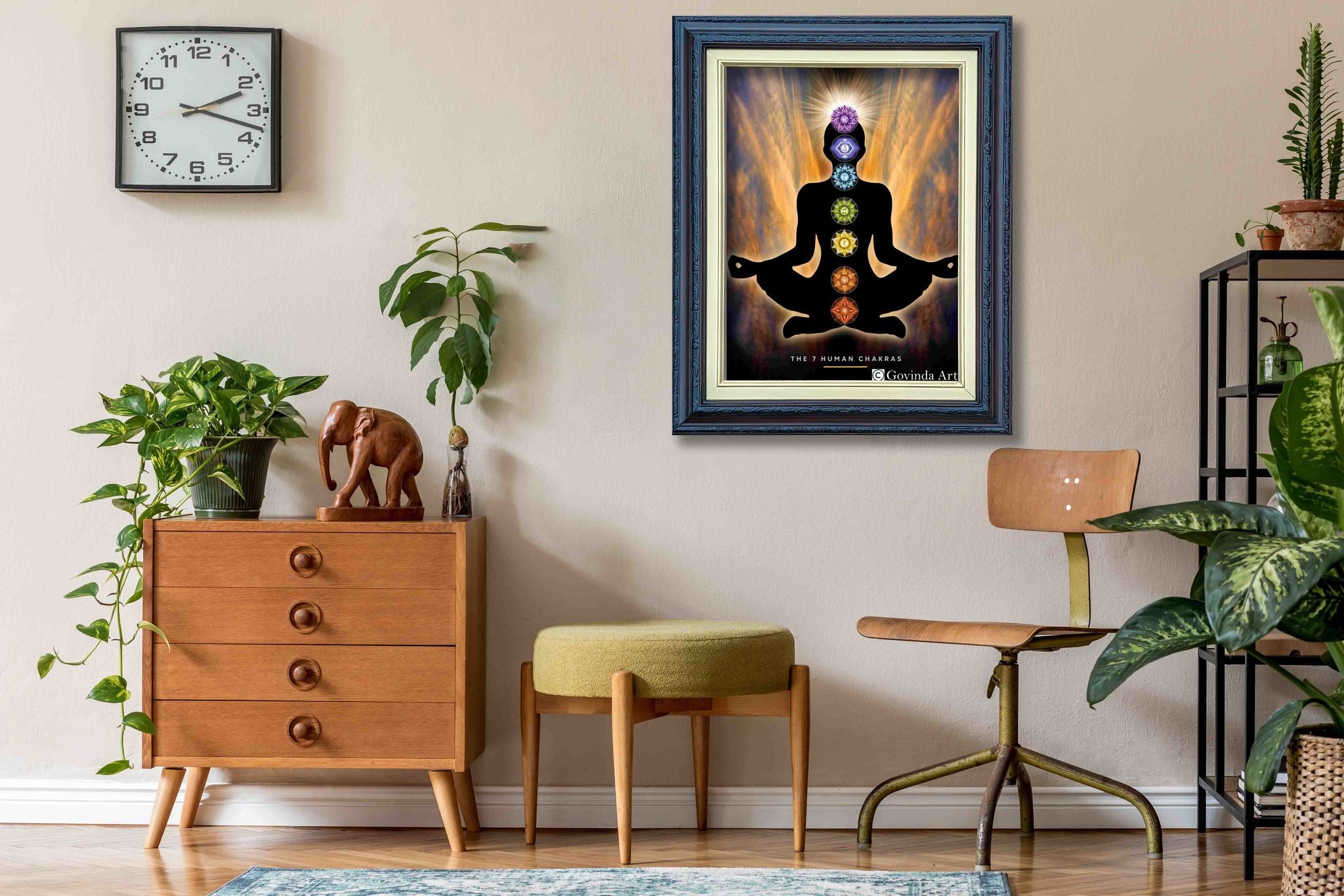 Seven Chakra Pose Painting in Authentic Wood Frame