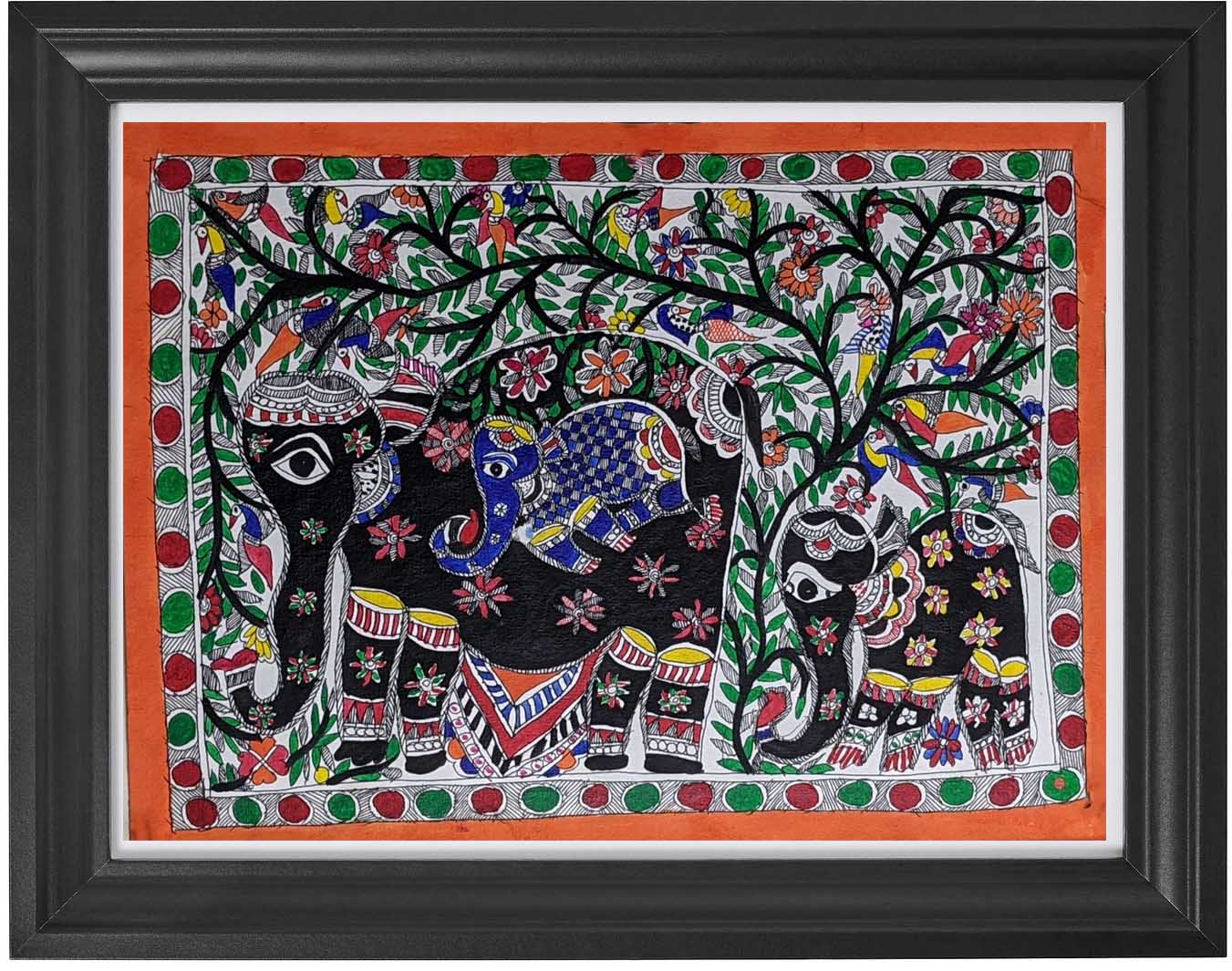 Three Elephants in Artistic Style Madhubani Paintings