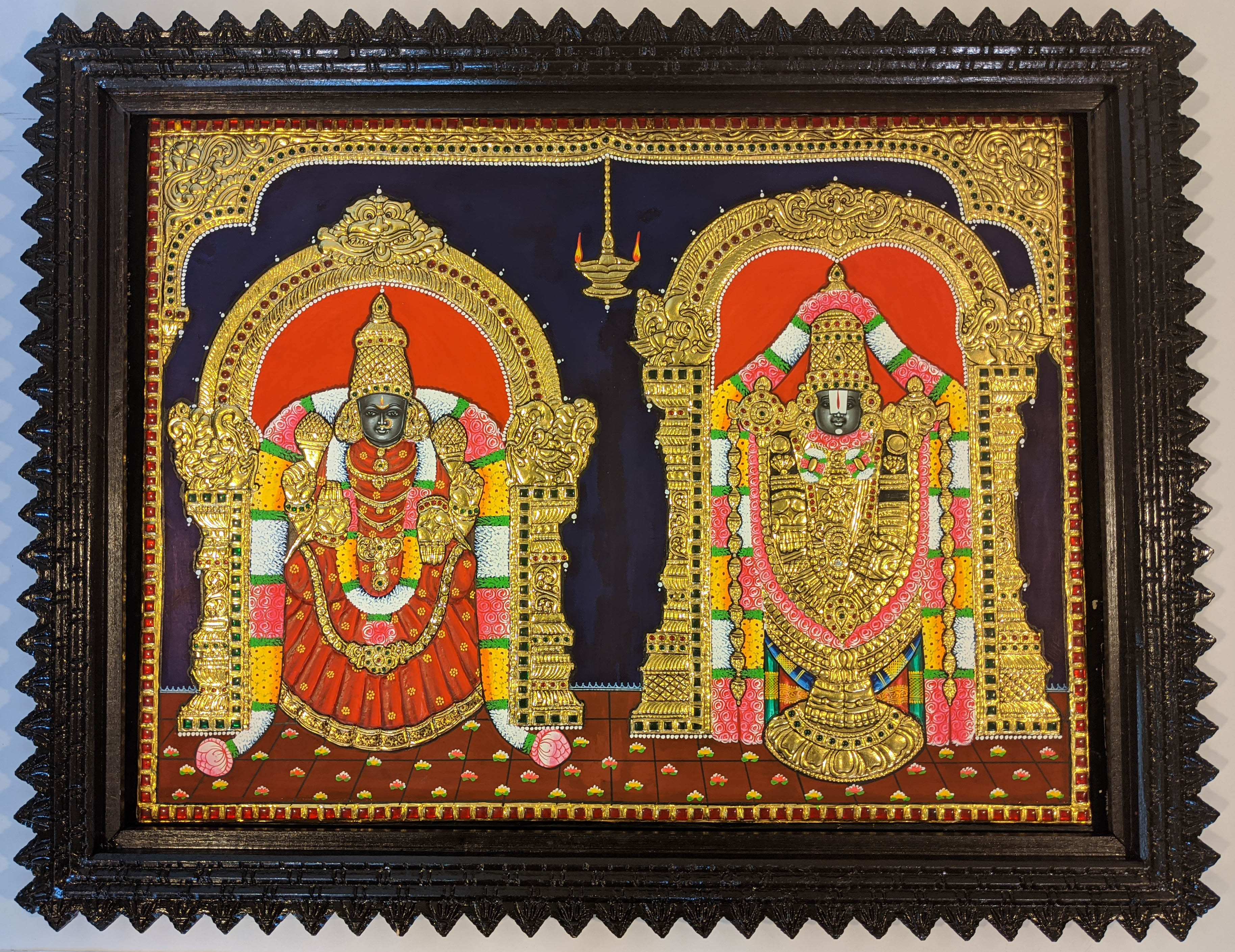 Lord Balaji and Padmavati Tanjore Art in Wood Frame