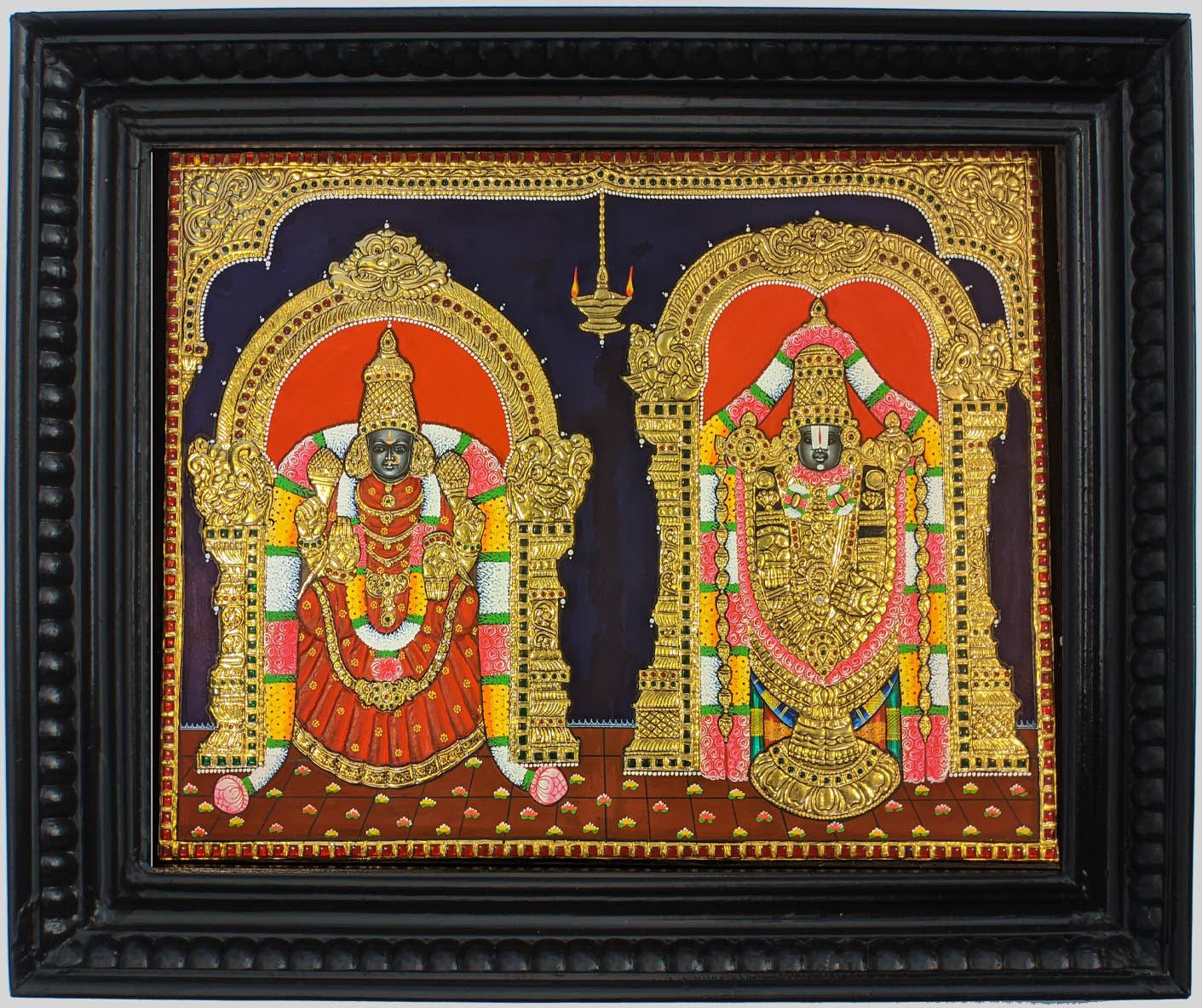 Lord Balaji and Padmavati Tanjore Art in Wood Frame - 0