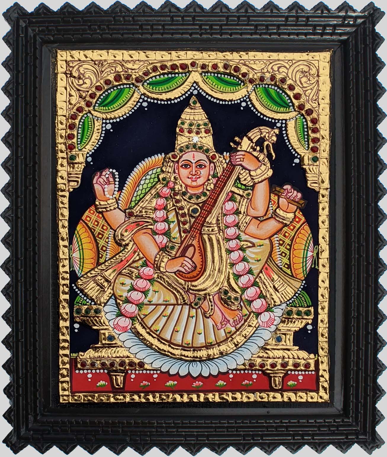 Goddess Saraswati Devi Tanjore Art in Wood Frame