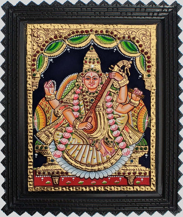 Goddess Saraswati Devi Tanjore Art in Wood Frame