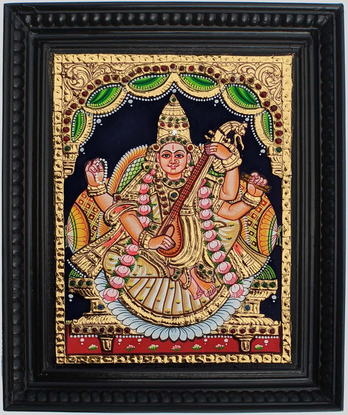 Goddess Saraswati Devi Tanjore Art in Wood Frame - 0