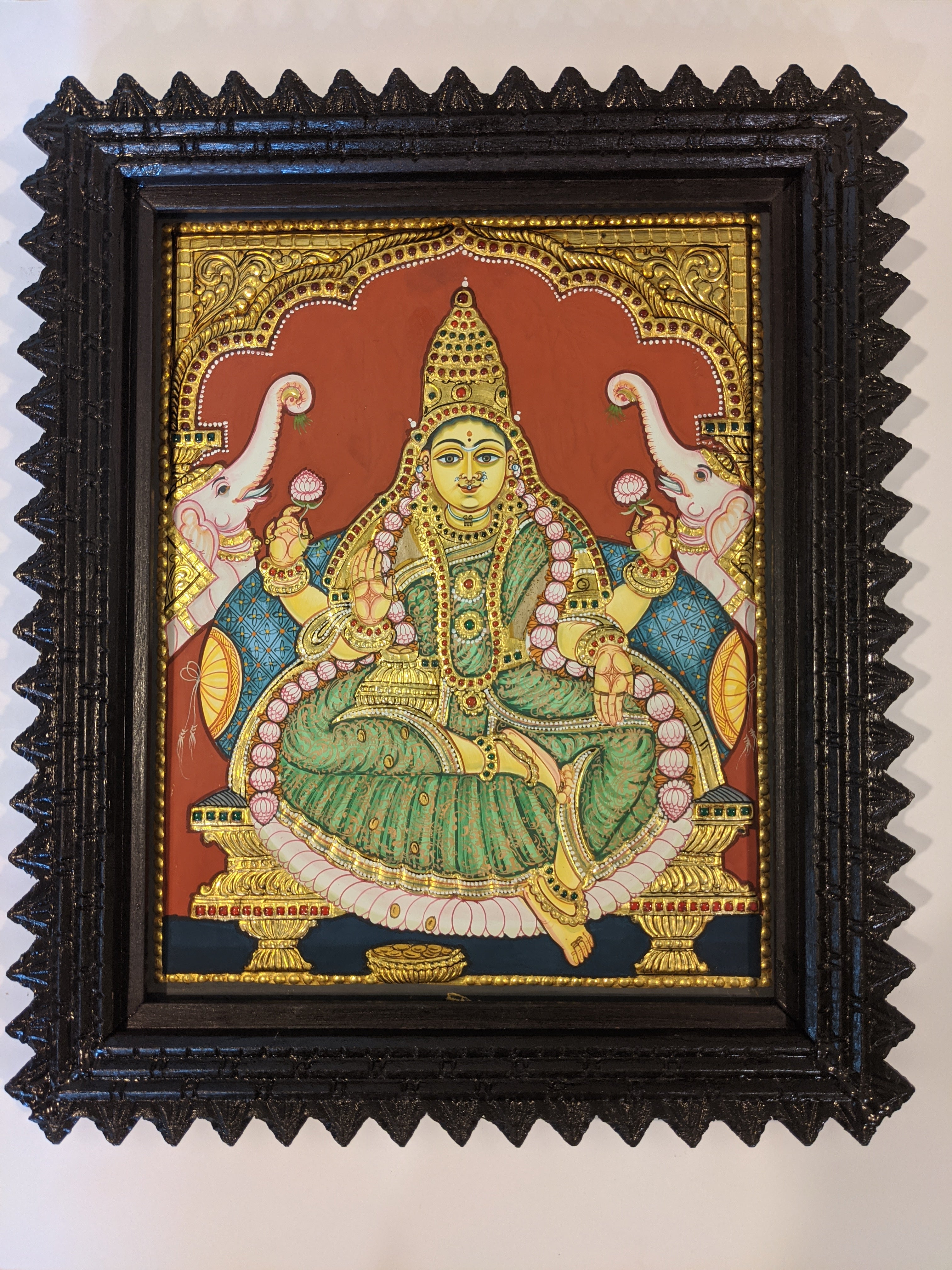 Goddess Lakshmi Devi Antique Style Tanjore Art in Wood Frame