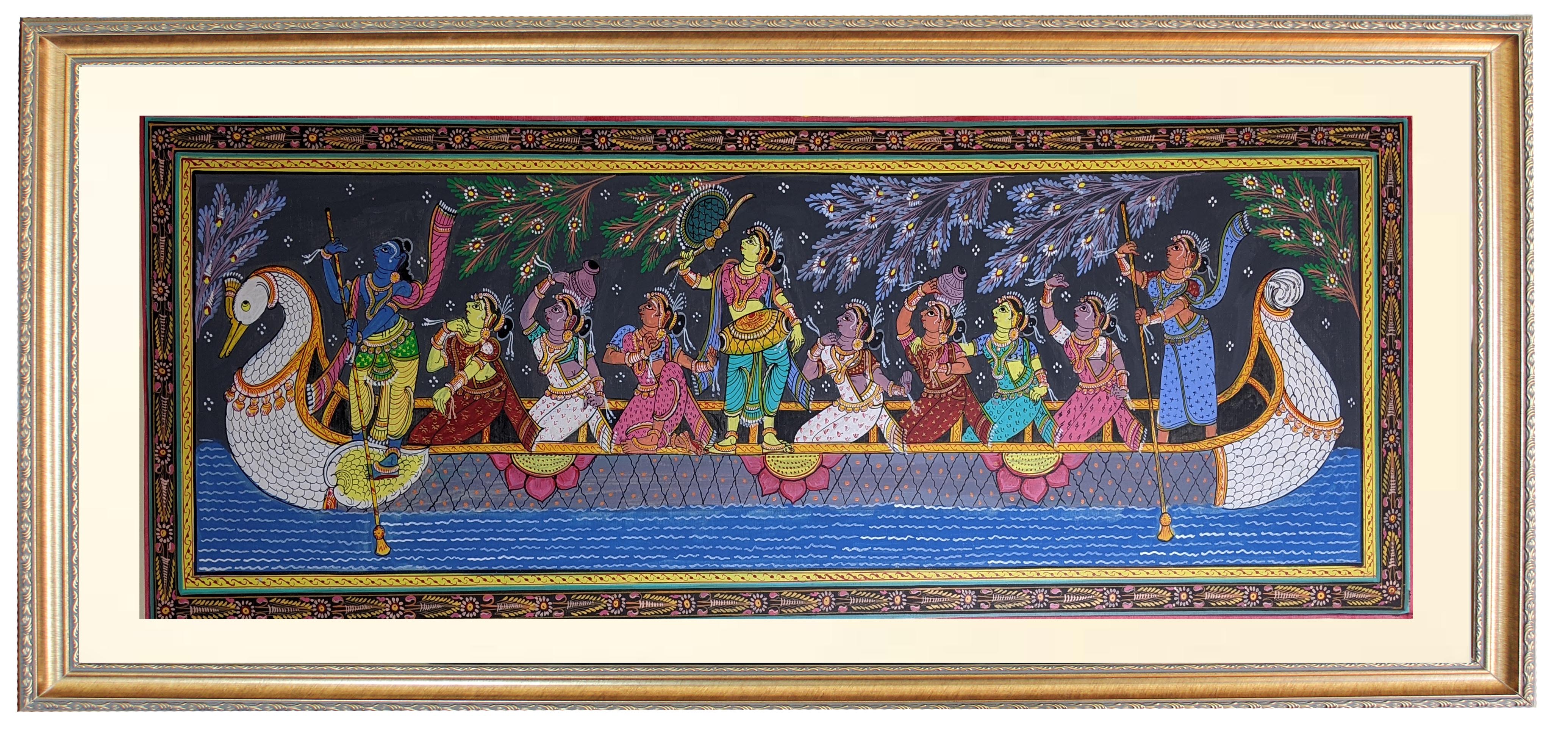 Lord Krsna leading Swan boat Style Hand Painting in Patachitra Style