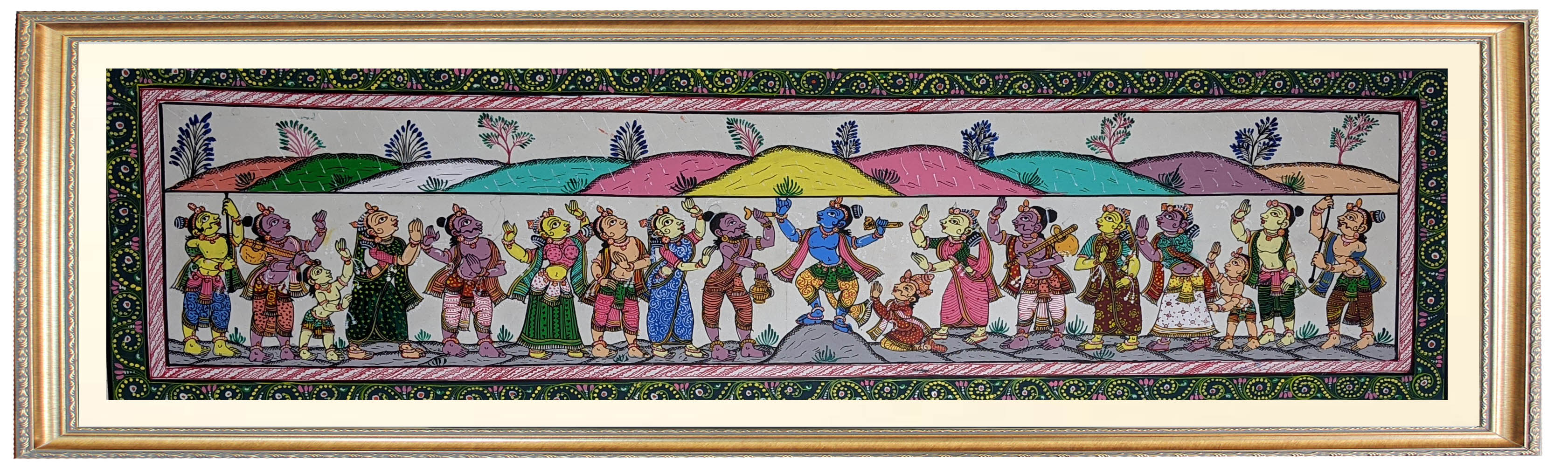 Lord Krsna Lifting Govardhan Hill Hand Painting in Patachitra Style