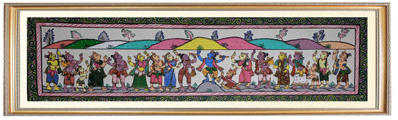 Lord Krsna Lifting Govardhan Hill Hand Painting in Patachitra Style