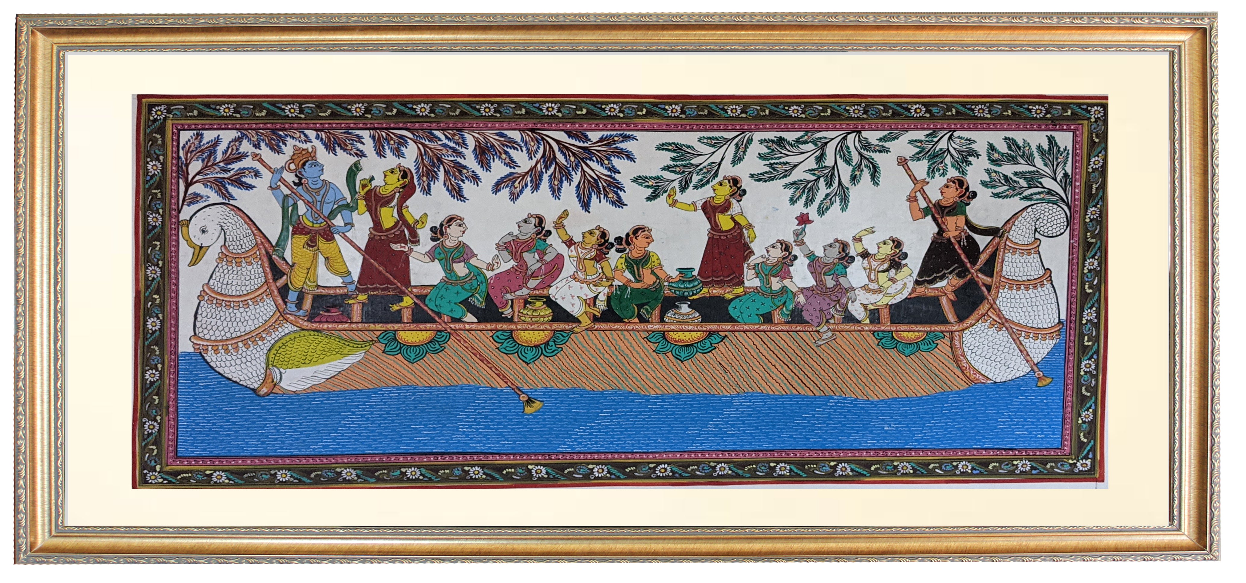 Radha Krsna leading swan boat Hand Painting in Patachitra Style